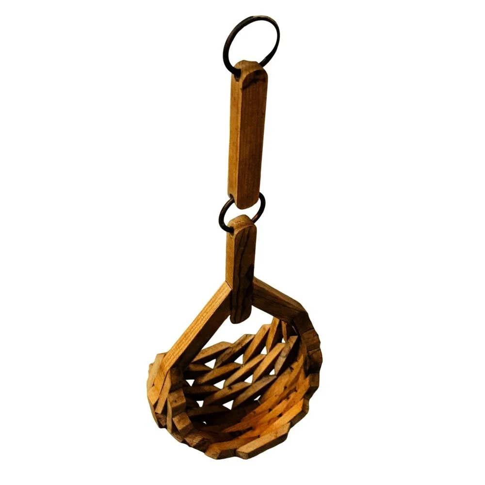 Vintage Hanging Basket MCM Wood Slat Articulated Ring Handle Handmade Folk Art